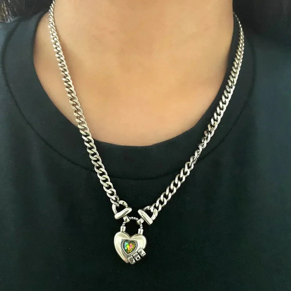925 Sterling Silver Curb Chain Link Necklace Heart Necklace Heart Lock Chain - Picture 1 of 8